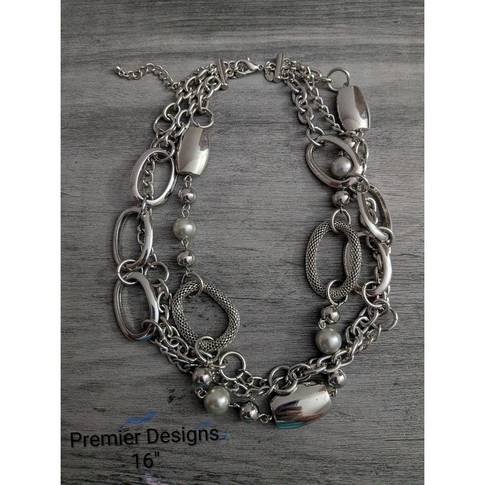 Premier Designs Silver Tone Multi Strand Faux Pearl Statement Necklace 16in